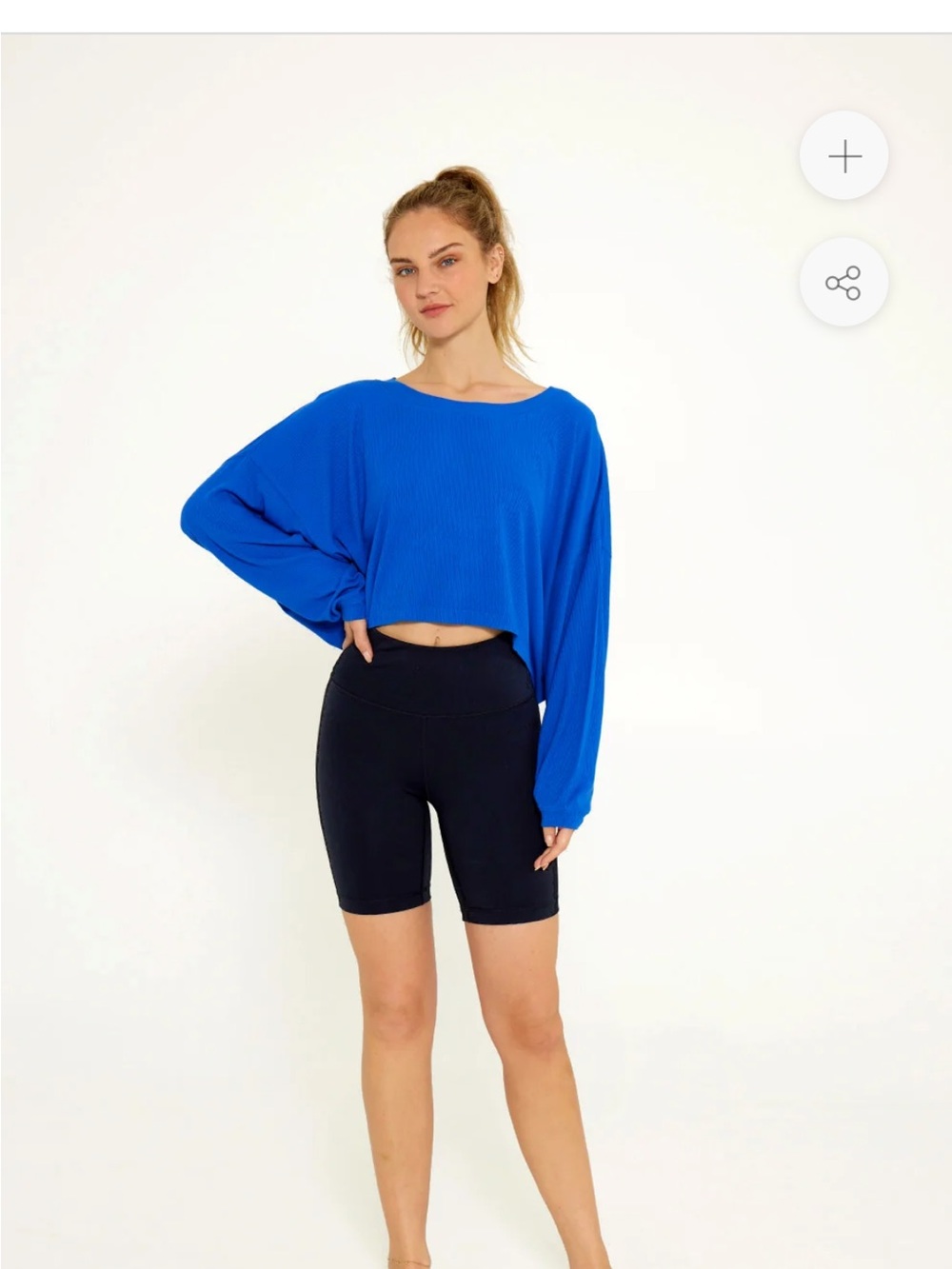 Cream Yoga Over-Sized, Blue Ribbed Long Sleeve Crop Top, Size XS
